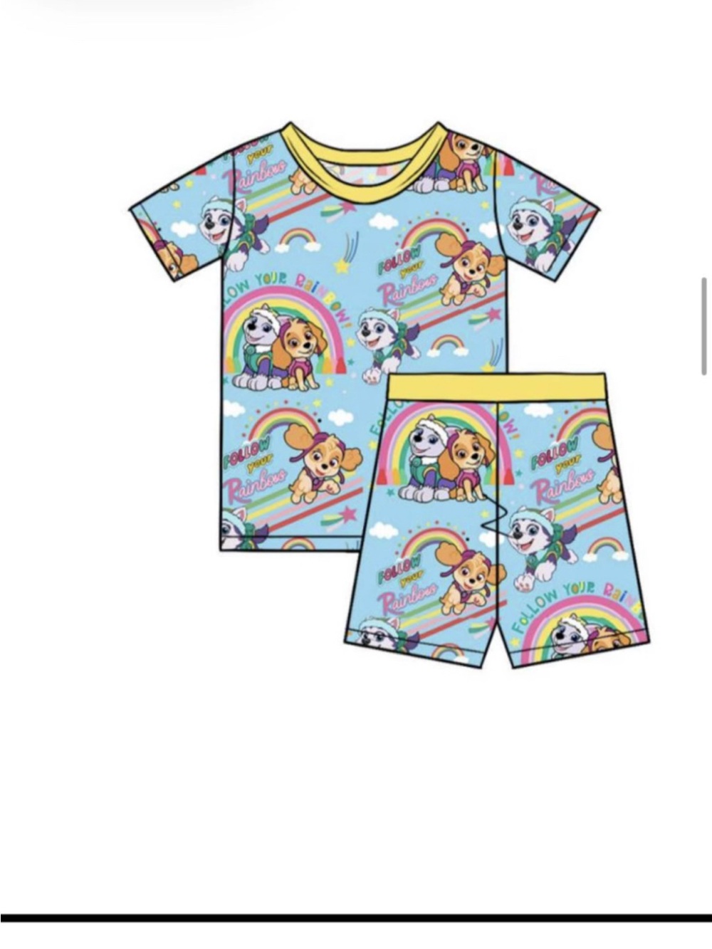 BAMBOO Light Blue Rainbow Puppy Short Set with Yellow Trim
